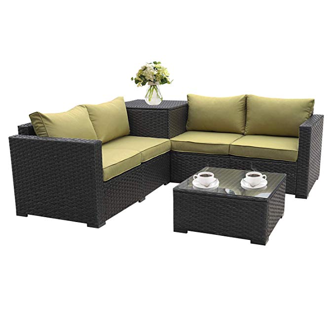Patio PE Wicker Furniture Set 4 Piece Patio Black Rattan Sectional Loveseat Couch Set Conversation Sofa with Storage Table Olive Green Cushion