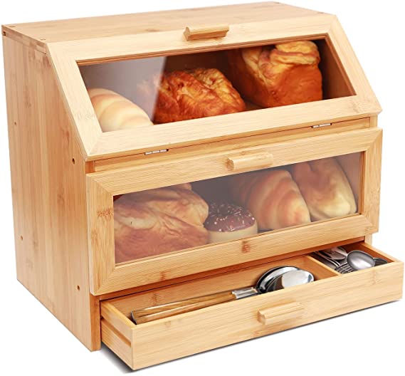 Bamboo Bread Box for Kitchen Countertop, Ohuhu Extra Large Three Layer Bread Storage, Kitchen Counter Decor, Farmhouse Bread Boxes, Bread Holder with Acrylic Clear Window Magnetic Doors