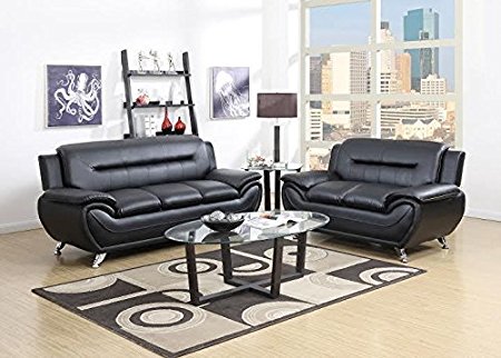 GTU Furniture Contemporary Bonded Leather Sofa & Loveseat Set, 2 Piece Sofa Set (BLACK)
