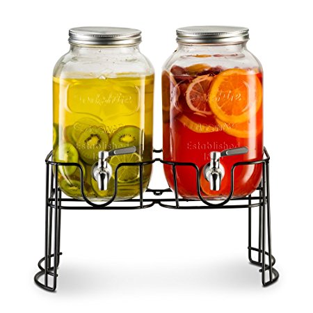 KooK Double 1 Gallon Yorkshire Drink Dispensers with Stainless Steel Spigot and Metal Stand