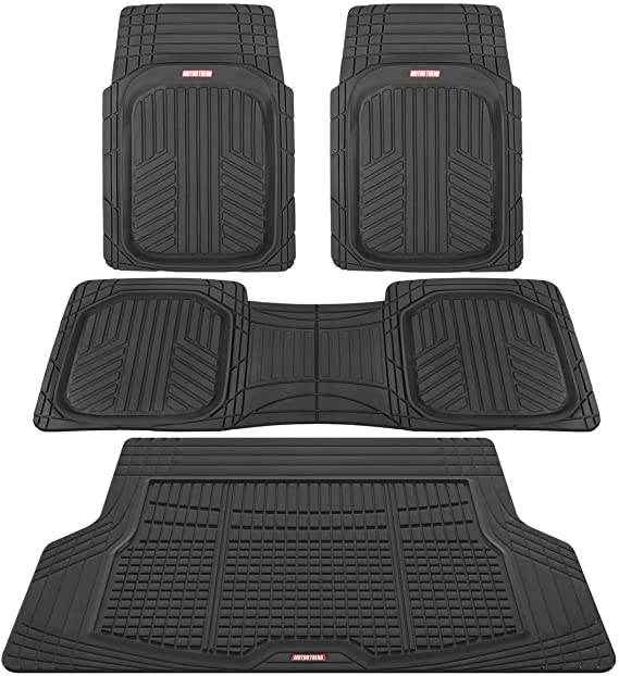 Motor Trend Premium FlexTough Plus All-Protection DeepDish Front & Rear Mats with Trunk Cargo Liner - Combo Set - All Weather Traction Grips, Black