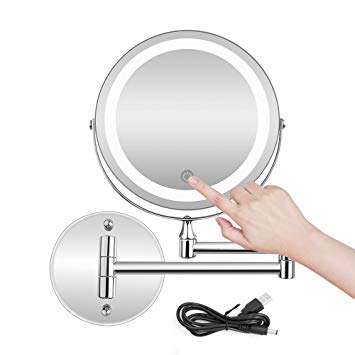 BRIGHTINWD 5X LED Wall Mounted Makeup Mirror with Dimmable Lights Stainless Steel Magnifying Wall Bathroom Mirror Touch Screen/USB & AAA Batteries Double Source