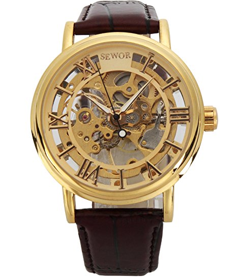 Sewor Men's Gold Skeleton Transparent Vintage Style Rectangular Watch