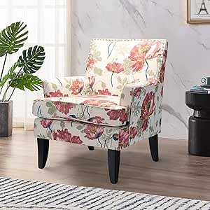 HULALA HOME Modern Accent Chair with Arms and Wooden Legs, Mid Century Accent Chair Armchair High Back Rest, Padded Armrest and Comfortable Cushioned Seat for Living Room (Red Yellow Floral)