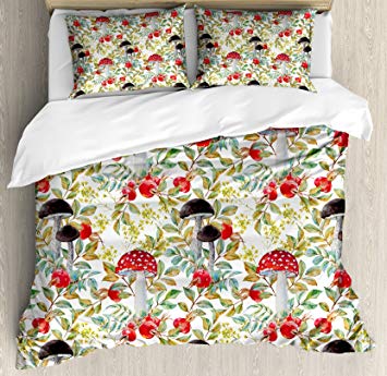 Ambesonne Watercolor Duvet Cover Set, Hand Drawn Dogrose and Mushrooms Autumn Leaves Berries Amantias Nature Inspired, Decorative 3 Piece Bedding Set with 2 Pillow Shams, Queen Size, Red Green