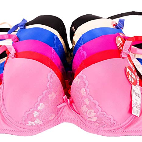 Mamia Women's 6 Push Up Bras Lot Solid Colors Lace Various Styles