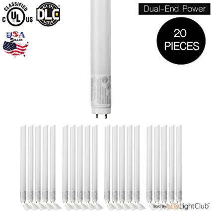 20-Pack T8 LED Light Tube, 4FT, 18W (40W Replacement), 4000K (Cool White), 2100 Lm, Frosted Cover, Dual-End & Single-End Powered, Works with/without ballast, Shatterproof, UL & DLC