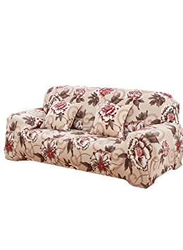 Elvoes Floral Printed Sofa Cover Anti-Slip Elastic Slipcover Stretch Polyester Fabric Soft Furniture Protector Couch Cover (Three seater(74''-90''), Peony)