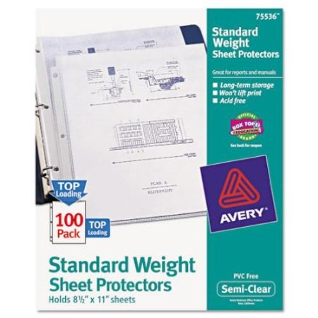 Avery Top Load Standard Polypropylene Sheet Protectors, Semi-Clear, 100/Box (75536)