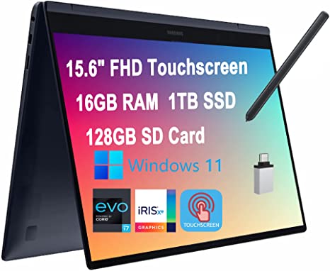 Samsung Galaxy Book Pro 360 2-in-1 Laptop 15.6" FHD AMOLED Touchscreen Intel Evo Platform Core i7-1165G7 16GB RAM 1TB SSD 128GB SD Card Backlit Fingerprint S Pen Thunderbolt 4 Win 11   USB-C Adapter