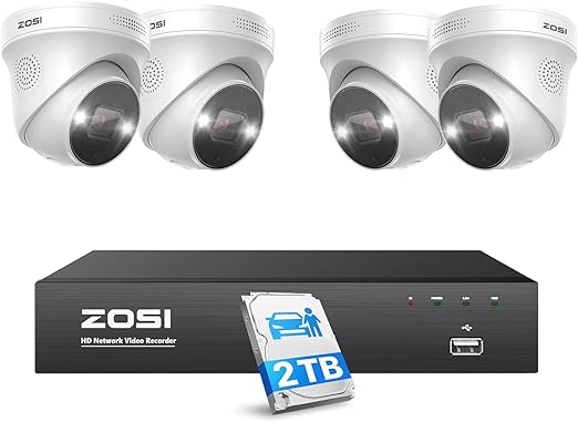 ZOSI 4K NVR 5MP PoE CCTV Security Camera System, 8-Port 16CH NVR with 2TB HDD, 4x5MP Outdoor PoE IP Cameras with Person Vehicle Detection, Color Night Vision, Smart Light Siren,30fps