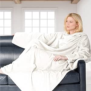 Brookstone NAP Wearable Throw Blanket - Reversible Ultra Soft Polyester Fabric with Sleeves for Your Arms – The Ultimate Blanket for Warmth and Mobility - Ivory