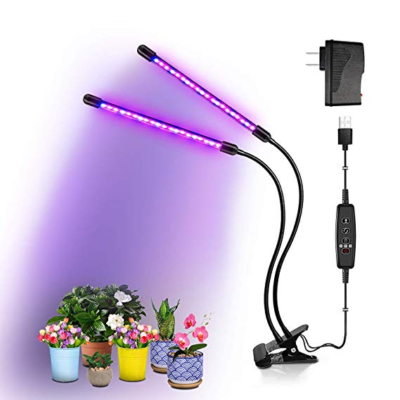 BRIONAC LED Grow Light, 20W 40 LEDs, 9 Dimmable Levels, 3/9/12H Timer Grow Lamp with Dual Head Flexible Gooseneck for Indoor Plants Growing