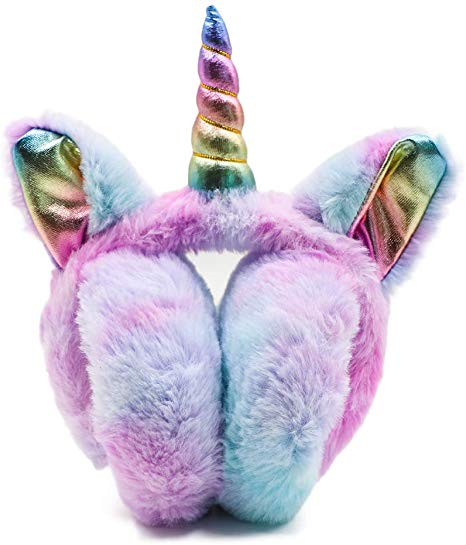 ZTL Foldable Unicorn Earmuffs for Girls Kids Women Soft Plush Winter Ear Warmers