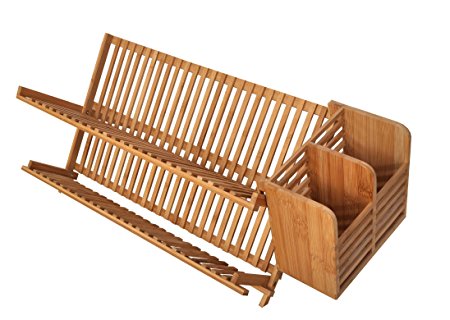Bamboo Scissor Style Folding Dish Rack W/Flatware Holder Set.