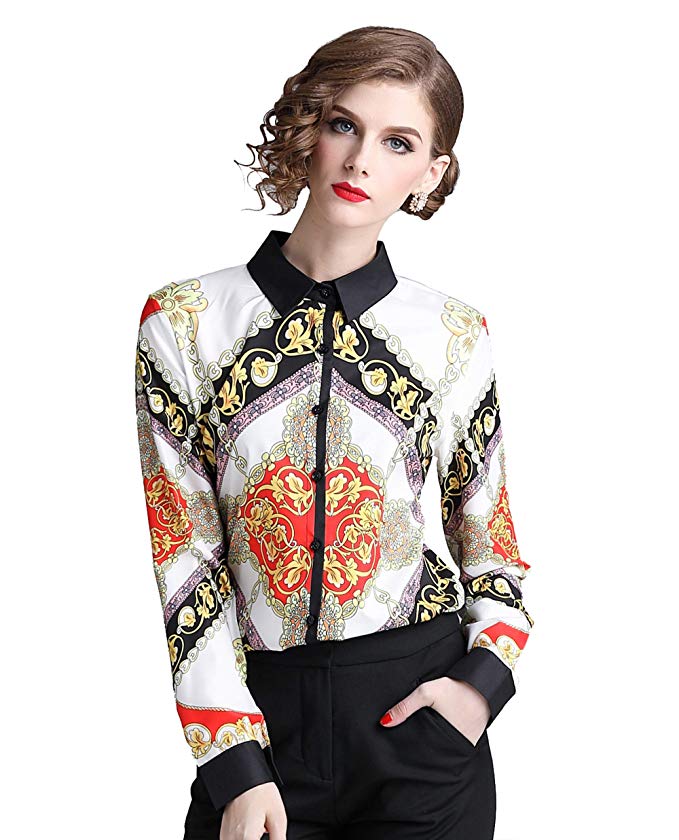 BEST-F-U Womens Baroque Print Blouse Casual Button Down Shirt
