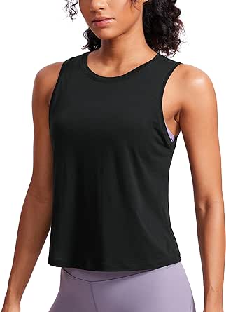 CRZ YOGA Pima Cotton Cropped Tank Tops for Women Workout Crop Tops High Neck Sleeveless Athletic Gym Shirts