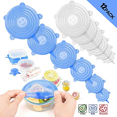 Tikola Silicone Stretch Lids Reusable Food Covers for Bowl Cup, Safe in Microwave Dishwasher Refrigerator, Durable and Expandable, Fit Various Sizes to Keep Food Fresh Eco-friendly 12pcs