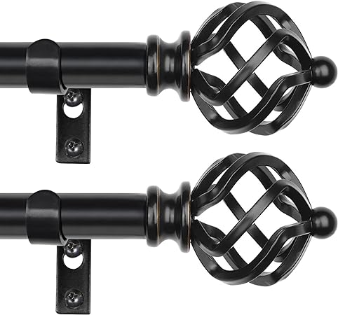 KAMANINA 2 Pack Curtain Rods 32 to 86 Inches (2.6-7.1ft), 3/4 Inch Black Curtain Rods for Windows Splicing Adjustable Single Drapery Rod with Twisted Cage Finial, for Indoor and Outdoor