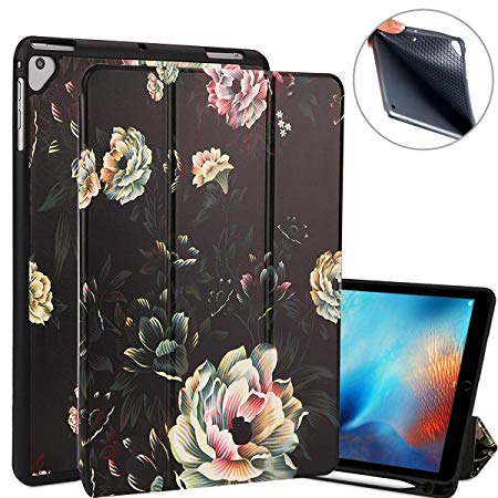 Lontect Compatible iPad 9.7 2018 Case with Apple Pencil Holder Slim Lightweight Trifold Stand Folio Smart Auto Wake/Sleep Soft TPU Cover for Apple iPad 2018 9.7 Inch 6th Generation, White Flower/Black