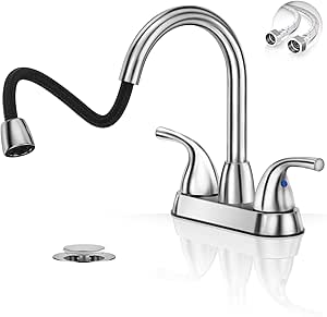 Phiestina Pull Down Sprayer Chrome 4 Inch Bathroom Faucet，2-3 Hole Centerset Pull Out Bathroom Sink Faucet，with 360 Swivel Spout，Metal Pop-Up Drain and Water Supply Lines，BF04007-B11-C