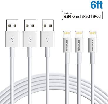 (3-Pack) Poweradd MFi Certified Lightning Cable, TPE USB to Lightning Charging Cable High-Speed Data Sync Fully Compatible with iPhone 11 X XS XR 8 and More