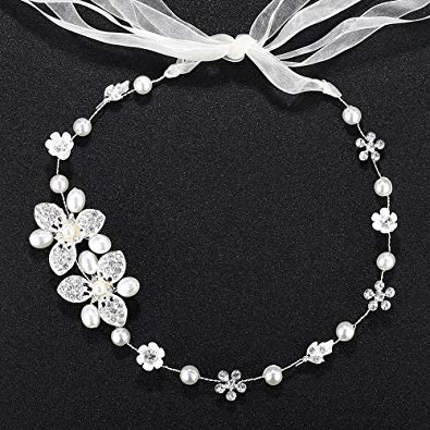 Rhinestone Crystal Pearl Flower Wedding Bridal Headband Hair Vine with Ivory Organza Belt