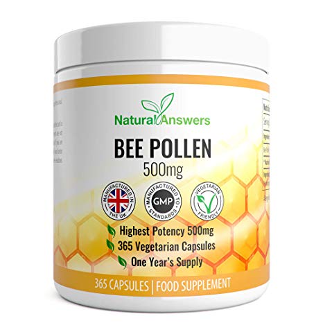 Bee Pollen 500mg | 365 Vegetarian Capsules | Highest Quality Pure Bee Pollen | Energy Booster Vitamins A & B Complex | Improves Efficiency of Immune & Nervous System | Zinc and Magnesium | UK Made