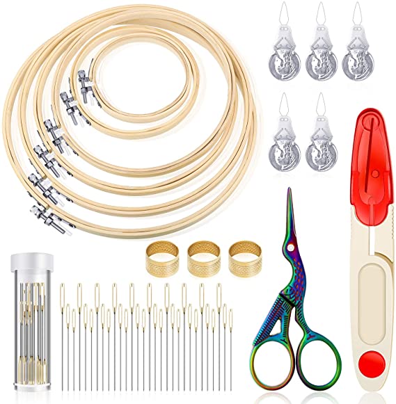 47 Pieces Cross Stitch Tool Embroidery Starter Kit 6 Pieces Bamboo Sewing Hoops, Retro Scissors, Thimbles, Cross Stitch Needle-Threading Tools and Embroidery Needles for Sewing Embroidery Supplies