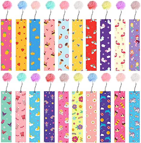 Cute Theme Bookmarks with Pom Pom Pendents Bookmarks for Kids Girls Children Teens Reader Student Colorful Charms Page Markers Bookmark School Classroom Prize Reading Reward Favors Supplies (20 Sets)