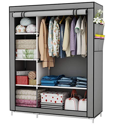 UDEAR Portable Wardrobe Canvas Wardrobe Free Standing Clothes Storage Shelves Organizer, Grey 105 * 45 * 170 CM