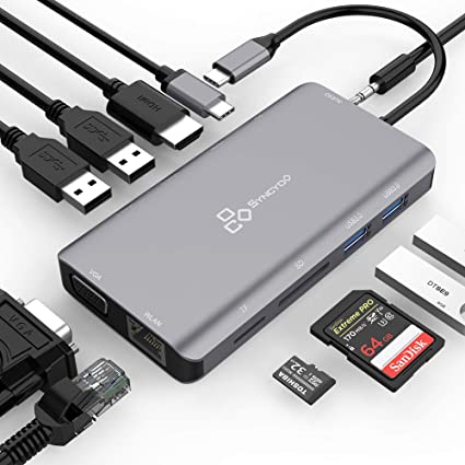 SYNCYOO USB C Hub, 11 in 1 USB C Adapter with Ethernet, 4K HDMI, VGA, Power Delivery, 2 USB3.0 &USB2.0, Micro SD/TF Card Reader, Mic/Audio, Portable for The MacBook Pro and Other Type C Laptops