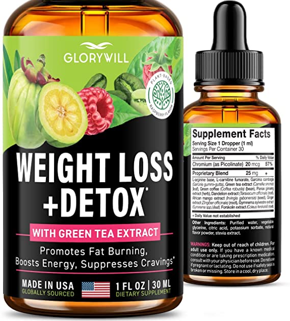 Weight Loss Drops Natural Detox Made in USA - Diet Drops for Fat Loss - Effective Appetite Suppressant & Metabolism Booster - Non GMO Fat Burner with Green Tea Extract - Garcinia Cambogia - 1 in Pack
