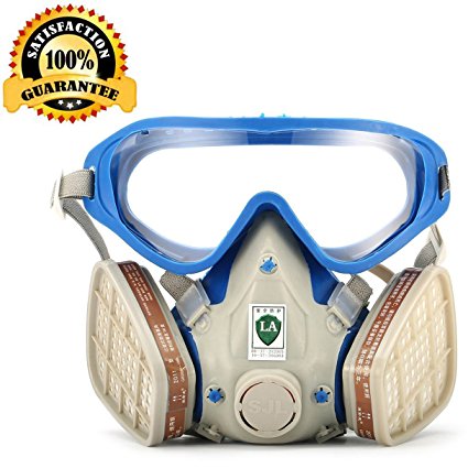 Respirator Gas Mask with Safety Goggles for full face, Safety Mask Reusable Cover Paint Chemical Project Mask with Safety Glasses, Face Respirator Mask Pesticide Dust proof Breathing Apparatus.