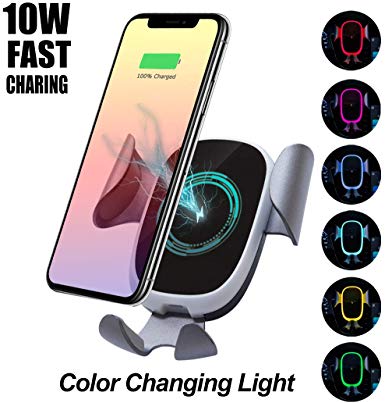 Saienitisi Wireless Car Charger Mount,Qi 10W 7.5W Fast Charging Car Mount,Air Vent,360° Rotation,Colorful Atmosphere Lights, Compatible with iPhone X/XR/Xs/Xs Max/8/8 Plus, Samsung S8/S9&More
