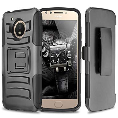 Motorola Moto E4 Case, TJS Dual Layer Hybrid Shock Absorbing Impact Resist Rugged Kickstand Armor Drop Protection Case with Belt Clip Holster For Motorola Moto E4 (Black/Black)