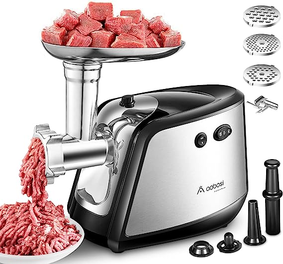 AAOBOSI Meat Grinder【2200W Max】3-IN-1 Dual Safety Switch Meat Grinders Electric, Food Grinder with 3 Size Plates, Sausage Stuffer Tube Attachment & Kubbe Kits & Stainless Steel Blade, Hachoir a Viande