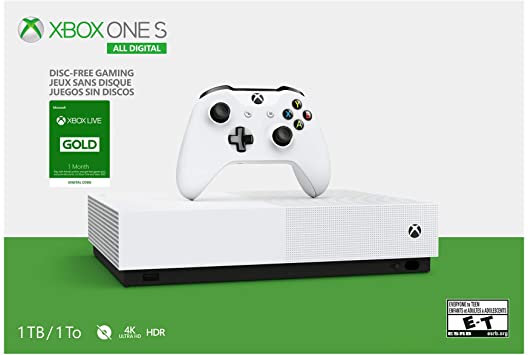 Microsoft Xbox One S 1TB All-Digital Edition Console with Xbox One Wireless Controller and 1 Month Xbox Live Gold Membership (Game Codes Not Included) - White