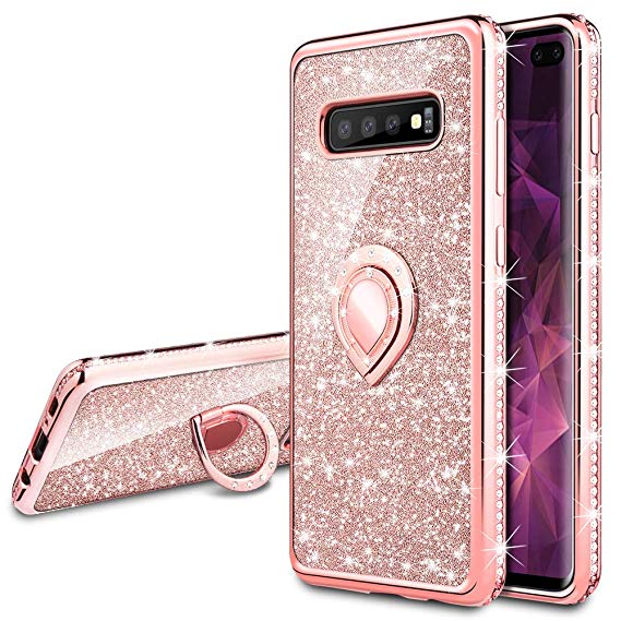 VEGO Galaxy S10 Plus S10 (NOT S10) Case Glitter with Ring Holder Kickstand for Women Girls Bling Diamond Rhinestone Sparkly Bumper Fashion Shiny Cute Protective Case for Galaxy S10 (Rose Gold)