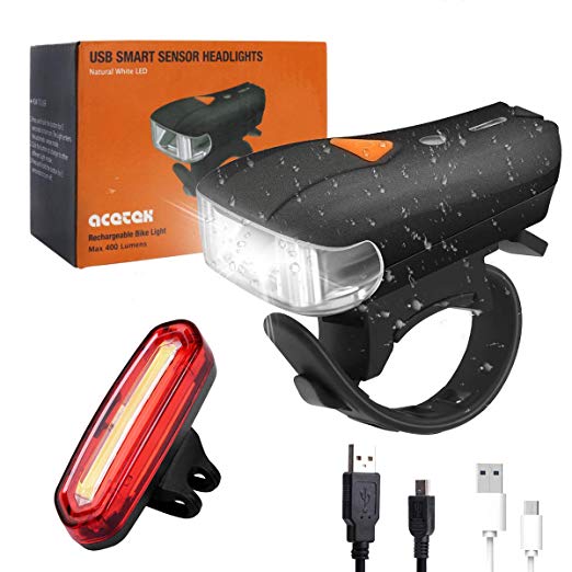 Acetek Bike Lights Set, USB Rechargeable Bicycle Light Set, Waterproof LED Light Sensor Front Rear Lights Headlight Taillight Combinations, Motion Sensor and 4 Modes Cycle Light Safety for Night