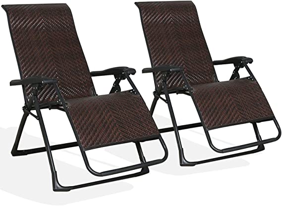 Ulax Furniture Outdoor Rattan Zero Gravity Chairs Patio Adjustable Folding Relining Chaise Lounge Chairs Set of 2