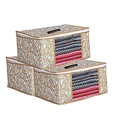HotHands Printed Design 12 Piece Non Woven Fabric Saree Cover/Clothes Organiser For Wardrobe Set with Transparent Window, Extra Large, (Pack Of 12, Beige) (Pack Of 03, Beige)