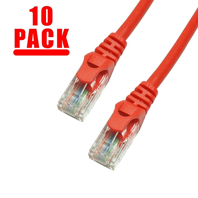 Grandmax 10 Pack - CAT6 3 Foot UTP Ethernet Network Patch Cable, Multiple Colors and Sizes, Snagless/ Ferrari Boot/ RED