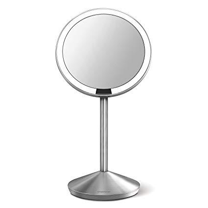 simplehuman Mini Sensor Lighted Makeup Travel Mirror 5" Round, 10x Magnification, Stainless Steel, Rechargeable