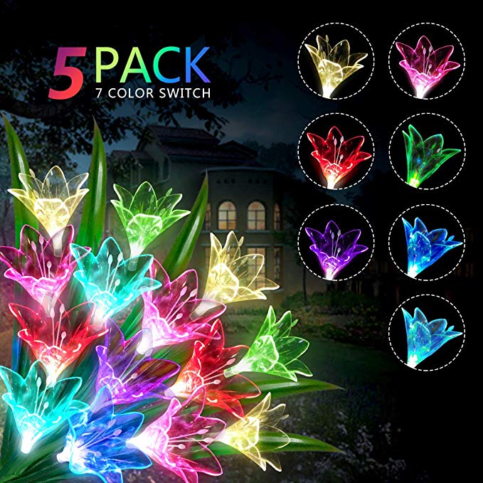 Solar Garden Stake Lights Outdoor Lily Light LED Multi-Color Landscape Lights Dusk to Dawn Auto On/Off for Courtyard Backyard Decorative Lights 5 Pack