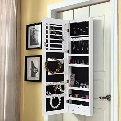 Lifewit Jewelry Cabinet Wall Door Mounted Bedroom Armoire Lockable Organizer with Mirror LED Light, White