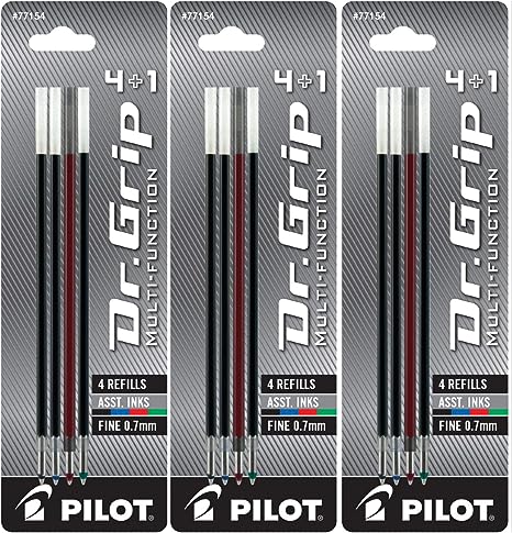 PILOT Dr. Grip 4 1 Multi-Function Ballpoint Ink Refills, Fine Point, Black/Red/Blue/Green Inks, 3 Pack