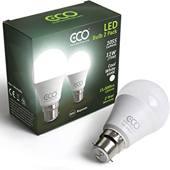 ECO 2 pin B22 Bayonet Light Bulbs, Energy Saving 11W LED, 1055 Lumens, 75W Equivalent, Frosted, Cool White (6500K), Low Heat, 15,000Hrs Lifetime. (Cool White (6500K), 2 x Pack)