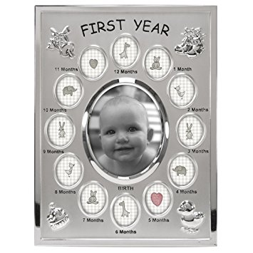 Malden International Designs Baby's First Year Collage Picture Frame, 13 Option, 1-3.5x4, 12-1x1, Silver