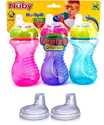 Nuby No Spill Easy Grip 10 Oz Sippy Cups 3 Pack (Pink, Purple & Blue) Plus 2 Pack Replacement Silicone Spouts